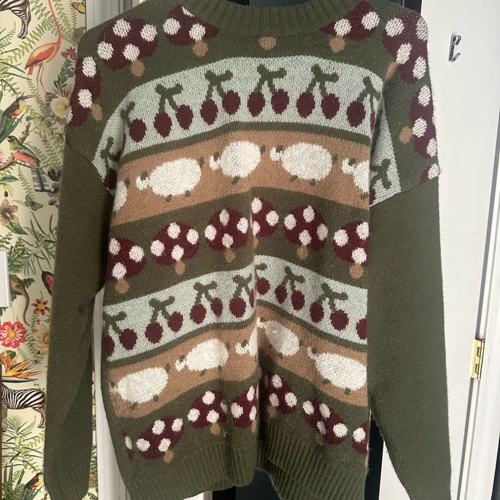 Cider Olive Knit with cottage core Design, mushrooms.